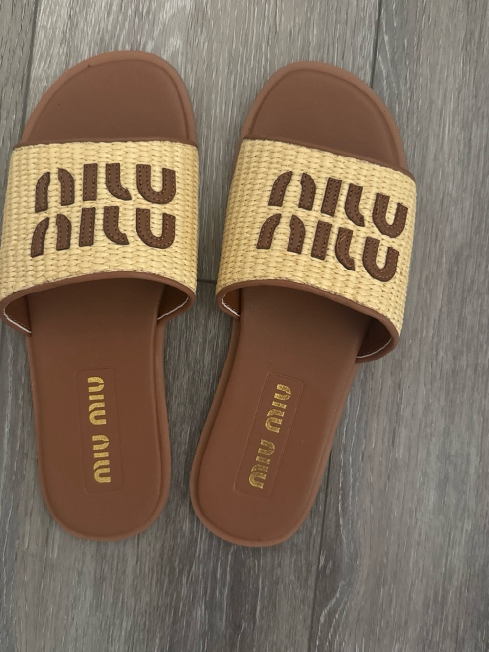 Miu Miu Tan Footbed with Natural Woven Logo Slide Sandals